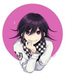  1boy artist_name bangs blush checkered checkered_neckwear checkered_scarf commentary_request dangan_ronpa_(series) dangan_ronpa_v3:_killing_harmony flipped_hair grin hair_between_eyes hand_up long_sleeves looking_at_viewer male_focus musical_note musical_note_print ouma_kokichi pink_background purple_hair scarf shiny shiny_hair smile solo straitjacket upper_body violet_eyes white_background y0e0k 