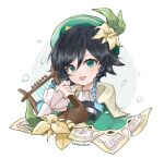  1boy black_hair blue_hair blush braid cape flower frilled_sleeves frills genshin_impact gradient_hair green_eyes green_headwear hair_flower hair_ornament hat holding holding_instrument instrument kotonoha279 leaf long_sleeves looking_at_viewer lyre male_focus multicolored_hair open_mouth otoko_no_ko petals simple_background smile solo twin_braids venti_(genshin_impact) white_background white_flower 