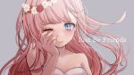  1girl absurdres artist_request blue_eyes crying crying_with_eyes_open dress eyebrows_visible_through_hair grey_background head_wreath highres just_be_friends_(vocaloid) lips long_hair megurine_luka nail_polish nose one_eye_closed solo strapless strapless_dress tears upper_body vocaloid white_dress 