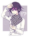  !? ... 1boy arm_up bangs black_hair blood blood_on_face checkered checkered_scarf commentary_request cropped_torso dangan_ronpa_(series) dangan_ronpa_v3:_killing_harmony grey_background hair_between_eyes hand_up jacket long_sleeves looking_at_viewer male_focus multicolored_hair open_mouth ouma_kokichi pink_blood purple_background purple_hair scarf solo spoken_ellipsis straitjacket upper_body violet_eyes white_background white_jacket y0e0k 
