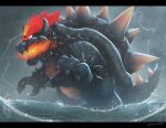  bowser bracelet breathing_fire claws collar fangs fire glowing glowing_eyes glowing_hair gonzarez highres horns jewelry super_mario_bros. mega_fury_bowser open_mouth rain spiked_armlet spiked_bracelet spiked_collar spiked_shell spikes storm super_mario_3d_world turtle_shell water 