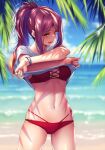  1girl absurdres bangs beach bikini blurry blurry_background bracelet breasts brown_eyes cowboy_shot day hanikami_kanojo highres jewelry lifted_by_self long_hair looking_at_viewer medium_breasts multi-strapped_bikini myouga_satsuki navel ocean outdoors palm_leaf pink_hair piromizu scan shiny shiny_skin shirt short_sleeves smile solo stomach swimsuit t-shirt tied_hair water 