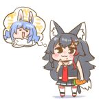  1girl :3 animal_ear_fluff animal_ears arm_at_side bangs black_hair black_skirt blue_hair blush blush_stickers brown_eyes chibi commentary_request don-chan_(usada_pekora) drooling eyebrows_visible_through_hair finger_to_own_chin full_body hair_ornament hairclip holding hololive long_hair miniskirt multicolored_hair nekoyama ookami_mio open_mouth pleated_skirt rabbit_ears red_neckwear redhead saliva sidelocks simple_background skirt smile solo standing streaked_hair striped tail thigh-highs thinking thought_bubble two-tone_hair usada_pekora very_long_hair virtual_youtuber white_background white_legwear wolf_ears wolf_girl wolf_tail zettai_ryouiki 