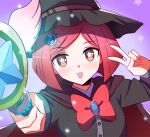  1girl :3 black_headwear black_shirt bob_cut cape commentary dangan_ronpa_(series) dangan_ronpa_v3:_killing_harmony dot_nose eyebrows_visible_through_hair face hair_ornament hairclip hat holding holding_staff jewelry looking_at_viewer qosic red_cape red_eyes red_ribbon redhead ribbon shirt short_hair simple_background solo staff star_(symbol) tongue tongue_out v white_wings wings witch_hat yumeno_himiko 