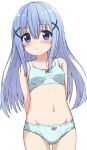  1girl arms_behind_back bangs bare_arms bare_shoulders blue_bra blue_eyes blue_hair blue_panties blush bow bow_bra bow_panties bra breasts closed_mouth collarbone cowboy_shot eyebrows_visible_through_hair gochuumon_wa_usagi_desu_ka? groin hair_between_eyes hair_ornament highres hippo_(hirople) kafuu_chino looking_at_viewer navel panties simple_background small_breasts solo underwear underwear_only white_background x_hair_ornament 