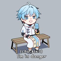  1boy bench blue_hair chongyun_(genshin_impact) empty_eyes english_text fingerless_gloves food genshin_impact gloves half-closed_eyes ice_cream meme sea_(azure_pastel) short_sleeves sitting smile 