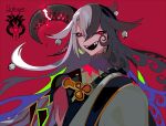  1boy alternate_eye_color ashiya_douman_(fate) asymmetrical_clothes asymmetrical_hair bell black_eyes black_hair curly_hair demon_boy demon_horns earrings fate/grand_order fate_(series) floating_hair green_kimono hair_bell hair_between_eyes hair_intakes hair_ornament horns japanese_clothes jewelry kimono long_hair looking_at_viewer magatama magatama_earrings male_focus midi_hazapero monsterification multicolored_hair open_clothes open_kimono red_eyes sharp_teeth single_horn smile solo teeth two-tone_hair upper_body very_long_hair white_hair 