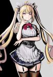  1girl adapted_costume ahoge belt belt_buckle bindong blonde_hair blue_eyes bow bowtie buckle counter:side eyebrows_visible_through_hair long_hair looking_at_viewer maid_headdress naielle_bluesteel school_uniform skirt solo thigh-highs twintails 