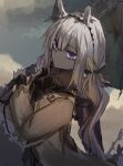  1girl arknights bangs black_hairband brown_coat camel_ears closed_mouth coat collarbone dark_skin from_side hairband holding holding_umbrella long_sleeves looking_at_viewer looking_to_the_side raw_egg_lent silver_hair sketch solo tuye_(arknights) umbrella upper_body violet_eyes 
