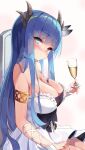  1girl armlet azur_lane bangs blue_eyes blue_hair blush bow breasts chair champagne_flute choker cup dress drinking_glass eyebrows_visible_through_hair feathers glowing glowing_eyes hair_feathers heterochromia highres horns ibuki_(azur_lane) ibuki_(snow_on_the_wind)_(azur_lane) lace lace_choker large_breasts long_hair looking_at_viewer nyahu_(nyahu_77) red_eyes sideboob sidelocks sitting sleeveless sleeveless_dress solo white_dress wrist_wrap 