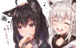  2girls absurdres ahoge animal_ear_fluff animal_ears bangs black_hair black_hoodie blush braid closed_eyes collarbone commentary_request covering_mouth eighth_note eyebrows_visible_through_hair fox_ears fox_girl hair_between_eyes hand_on_another&#039;s_head hand_over_own_mouth highres hololive hood hoodie kurokami_fubuki long_hair multiple_girls musical_note namekuji_ojiichan open_mouth petting red_eyes shirakami_fubuki sidelocks simple_background single_braid smile squiggle translation_request virtual_youtuber white_background white_hair white_hoodie 