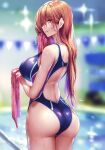  1girl absurdres ass back_cutout bangs bare_shoulders blue_swimsuit blurry blurry_background breasts brown_hair clothing_cutout competition_swimsuit cowboy_shot eyebrows_visible_through_hair from_behind half-closed_eyes hanikami_kanojo highres holding holding_towel kurumi_shinoha large_breasts lights long_hair looking_at_viewer looking_back mole mole_under_mouth one-piece_swimsuit parted_lips piromizu poolside scan shiny shiny_clothes shoulder_blades sidelocks smile solo swimsuit towel violet_eyes wet wiping_face 