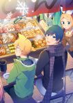 2boys 5girls aqua_hair bangs banner blonde_hair blue_coat blush_stickers bottle bow brown_coat chikuwa chopsticks coat commentary daikon everyone food from_above green_coat hair_bow hair_ornament hairclip hatsune_miku holding holding_bottle holding_chopsticks kagamine_len kagamine_rin kaito konnyaku_(food) long_hair looking_at_viewer meal megurine_luka meiko multiple_boys multiple_girls nail_polish night noodles octopus open_mouth out_of_frame pink_hair plate purple_scarf red_nails rin_no_youchuu sake_bottle sausage scarf shirt short_ponytail sinaooo sitting smile snowflakes solid_oval_eyes spiky_hair swept_bangs tofu twintails v-shaped_eyebrows very_long_hair vocaloid white_bow white_shirt 