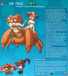  1boy 3girls artist_name blonde_hair breasts centauroid character_name character_profile english_commentary english_text fangs gen_1_pokemon grey_eyes hat highres kinkymation multiple_girls mushroom_girl no_nipples open_mouth orange_hair paras poke_ball pokemon purple_hair small_breasts yellow_eyes 