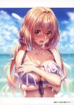  1girl absurdres bangs bare_shoulders blue_sky blush breasts clouds cloudy_sky day hanikami_kanojo highres ocean outdoors piromizu scan shiny shiny_hair simple_background sky solo upper_body water 