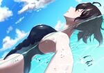  1girl ahoge air_bubble blue_sky blush brown_hair bubble closed_eyes clouds cloudy_sky competition_swimsuit floating highres m0nsoo00n one-piece_swimsuit original partially_submerged pool short_hair sky swimsuit water wet wet_hair 