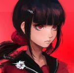  1girl bangs black_hair blunt_bangs closed_mouth commentary dangan_ronpa_(series) dangan_ronpa_v3:_killing_harmony hair_ornament hair_over_shoulder hairclip harukawa_maki long_hair low_twintails mole mole_under_eye pin qosic red_background red_eyes red_scrunchie red_shirt sailor_collar school_uniform scrunchie serafuku shirt simple_background solo twintails upper_body 