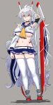  1girl absurdres alternate_costume alternate_hairstyle armpits ascot ayanami_(azur_lane) ayanami_(azur_lane)_(cosplay) azur_lane bangs belt blue_skirt breasts choker clenched_hand collarbone commentary_request cosplay detached_sleeves eyebrows_visible_through_hair full_body graf_zeppelin_(azur_lane) grey_background groin hair_between_eyes hair_ornament hairclip headgear hey_taisyou high_ponytail highres large_breasts long_hair looking_at_viewer navel parted_lips pleated_skirt ponytail red_eyes red_footwear retrofit_(azur_lane) school_uniform serafuku shaded_face sidelocks simple_background skirt solo thigh-highs under_boob wavy_hair white_hair white_legwear wide_sleeves zettai_ryouiki 