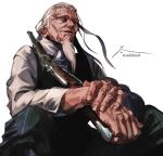  1boy artist_name beard buttons closed_mouth commentary_request facial_hair fingernails from_below golden_kamuy green_pants gun hair_slicked_back highres hijikata_toshizou_(golden_kamuy) holding holding_gun holding_weapon long_hair long_sleeves looking_away male_focus old old_man pants rifle shirt signature simple_background sitting smile solo striped striped_pants thick_eyebrows twitter_username weapon weapon_request white_background white_hair white_shirt zifletts 