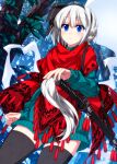  1girl alternate_costume aqua_dress aqua_sweater bangs black_hairband black_legwear black_ribbon blue_eyes blush closed_mouth colored_eyelashes commentary_request cowboy_shot day dress eyebrows_visible_through_hair hair_ribbon hairband hand_on_weapon highres konpaku_youmu konpaku_youmu_(ghost) long_sleeves looking_at_viewer outdoors poncho ribbon sazanami_mio sheath sheathed short_hair silver_hair solo sweater sweater_dress sword tassel thigh-highs touhou tree weapon zettai_ryouiki 