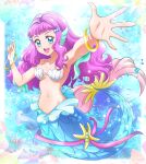  1girl :d air_bubble armpits bangs bare_shoulders blue_eyes blush bracelet breasts bubble clam_shell commentary_request coral fish full_body groin hair_ornament hands_up hanzou head_fins highres jellyfish jewelry kneeless_mermaid laura_(precure) long_hair looking_at_viewer medium_breasts mermaid midriff monster_girl navel necklace open_mouth pearl_(gemstone) pearl_hair_ornament pink_ribbon precure purple_hair ribbon scales seashell seashell_bra shell shell_bikini sideboob sidelocks sleeveless smile solo split_tail tropical-rouge!_precure under_boob underwater upper_teeth wavy_hair 