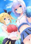  2girls bangs black_skirt blonde_hair blue_eyes blue_hair blue_skirt blue_sky blush bow cheerleader clouds commentary_request crop_top crossover day eyebrows_visible_through_hair fang gochuumon_wa_usagi_desu_ka? hair_bow hair_ornament hairclip highres holding holding_pom_poms kafuu_chino kouda_suzu midriff midriff_peek multiple_girls navel nukui_hayu ochikobore_fruit_tart open_mouth outdoors panties pleated_skirt pom_poms shirt skirt sky sleeveless sleeveless_shirt standing thighs underwear white_panties white_shirt x_hair_ornament 