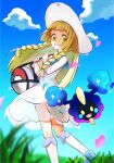  1girl bag blonde_hair braid clouds commentary_request cosmog day dress duffel_bag eyelashes from_below gen_7_pokemon grass green_eyes hat heart highres holding_strap kneepits legendary_pokemon lillie_(pokemon) long_hair open_mouth outdoors poke_ball_print pokemon pokemon_(creature) pokemon_(game) pokemon_sm shoes sky sleeveless sleeveless_dress smile socks twin_braids watta02614129 white_dress white_headwear white_legwear 