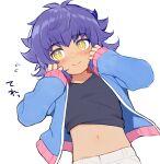  1boy bangs black_shirt blush commentary_request dark_skin dark_skinned_male eyebrows_visible_through_hair eyelashes flying_sweatdrops hands_up jacket leon_(pokemon) long_sleeves male_focus mj_(11220318) navel pokemon pokemon_(game) pokemon_swsh purple_hair shirt smile solo yellow_eyes younger 