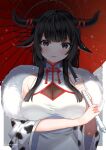  1girl animal_ears arm_under_breasts bangs black_hair blunt_bangs blunt_ends breasts brown_eyes commentary_request high_collar highres holding holding_umbrella horns huion kura_noi large_breasts long_hair mixed-language_commentary red_ribbon ribbon smile solo umbrella upper_body 