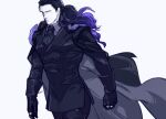  1boy black_cape black_hair black_jacket black_suit cape clenched_hand collar fate/grand_order fate_(series) formal gloves gradient_hair hair_slicked_back highres jacket jewelry long_hair long_sleeves male_focus multicolored_hair necktie nikola_tesla_(fate/grand_order) purple_hair ring simple_background solo suit violet_eyes viscontiapclyps white_background 