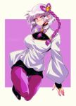  1990s_(style) 1girl bangs black_shorts blunt_bangs breasts chinese_clothes floating highres large_breasts leggings looking_at_viewer nail_polish nueko829 original purple_hair purple_legwear purple_nails purple_neckwear short_hair shorts solo violet_eyes 