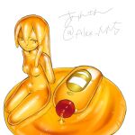  1girl akira_(meltyhip) breasts closed_mouth colored_sclera colored_skin completely_nude medium_breasts navel nude orange_eyes orange_hair orange_sclera orange_skin original personification shampoo_bottle sitting solo white_background 