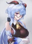  1girl bell blue_hair breasts cowbell ganyu_(genshin_impact) genshin_impact glasses goat_horns highres horns medium_breasts solo the_kingduke upper_body violet_eyes 