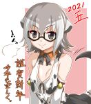  1girl 2021 =3 animal_ears animal_print arched_back bangs bare_shoulders bell black_eyes breasts chinese_zodiac collar collarbone commentary_request cow_print detached_sleeves eyebrows_visible_through_hair fumihiro grey_hair hair_between_eyes highres kemono_friends leaning_forward looking_at_viewer meerkat_(kemono_friends) meerkat_ears meerkat_tail multicolored_hair nengajou new_year outline short_hair simple_background small_breasts smile solo tail tank_top translation_request two-tone_hair v-shaped_eyebrows white_outline year_of_the_ox 