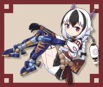  1girl braid braided_ponytail crossette_(xenoblade) gloves highres horns lantern mechanical_arm mechanical_parts multicolored_hair paskmel pointy_ears red_eyes short_hair smile solo xenoblade_chronicles_(series) xenoblade_chronicles_2 