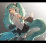  1girl absurdly_long_hair aqua_eyes aqua_hair aqua_neckwear bare_shoulders black_legwear black_skirt black_sleeves commentary contrapposto cowboy_shot detached_sleeves gradient gradient_background hair_ornament hatsune_miku hatsune_miku_(nt) headphones layered_sleeves leaning_forward long_hair looking_at_viewer miniskirt neck_ribbon open_mouth outstretched_arms piapro pleated_skirt ribbon see-through_sleeves shiohari_kanna shirt shoulder_tattoo sidelighting skirt sleeveless sleeveless_shirt smile solo sparkle tattoo thigh-highs twintails very_long_hair vocaloid white_shirt white_sleeves zettai_ryouiki 