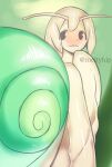  1girl akira_(meltyhip) antennae black_eyes blush closed_mouth colored_sclera colored_skin dot_nose embarrassed from_behind green_background grey_hair grey_sclera grey_skin hand_up highres looking_at_viewer looking_back monster_girl nose_blush original snail_girl snail_shell solo twitter_username wavy_mouth 