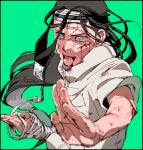  1boy artist_name bandaged_arm bandages black_hair blind blood blood_from_mouth blood_on_face bloody_clothes bloody_hands bruise character_request collar collared_shirt commentary_request facial_mark fighting_stance green_background grey_eyes highres hyuuga_neji injury long_hair looking_at_viewer naruto_(series) parted_lips scratches shirt short_sleeves signature simple_background solo standing twitter_username upper_body white_shirt zifletts 