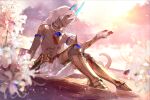  1boy arjuna_alter bangs blood fate/grand_order fate_(series) flower gloves horns long_hair male_focus mj_(11220318) muscular outstretched_hand sitting smile tail water white_hair 