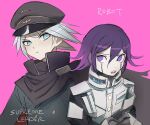  2boys android artist_name black_cape black_headwear black_jacket blue_eyes cape commentary cosplay costume_switch dangan_ronpa_(series) dangan_ronpa_v3:_killing_harmony hair_between_eyes hat jacket keebo looking_at_another male_focus military multiple_boys open_mouth ouma_kokichi peaked_cap pink_background purple_hair qosic short_hair simple_background sketch upper_body violet_eyes 