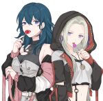  2girls belt blue_eyes breasts byleth_(fire_emblem) byleth_eisner_(female) candy edelgard_von_hresvelg fire_emblem fire_emblem:_three_houses food highres hood jacket lollipop long_hair long_sleeves looking_at_viewer multiple_girls navel shimizu_akina shirt simple_background sweater violet_eyes white_hair 