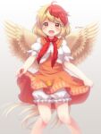  1girl ahoge bangs bird bird_tail bird_wings blonde_hair bloomers chick dress eyebrows_visible_through_hair feathered_wings feet_out_of_frame gradient gradient_background highres layered_dress lifted_by_self looking_at_viewer multicolored_hair neck_ribbon niwatari_kutaka open_mouth orange_dress orange_eyes puffy_short_sleeves puffy_sleeves red_neckwear redhead ribbon short_hair short_sleeves simple_background skirt skirt_lift solo standing swept_bangs tomo_takino touhou twitter_username two-tone_hair underwear wings 