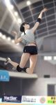  1girl absurdres armpits arms_up bare_shoulders black_hair black_legwear black_shorts blue_eyes blurry blurry_background breasts ceiling_light depth_of_field elbow_pads full_body gym highres indoors jumping knee_pads kneehighs large_breasts lens_flare midair midriff_peek navel original parted_lips shirt short_hair shorts single_kneehigh sleeveless sleeveless_shirt solo vegetablenabe volleyball white_footwear white_shirt 