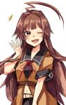  1girl ^^^ ahoge black_sailor_collar black_skirt brown_eyes brown_hair commentary_request fang highres huge_ahoge kantai_collection katsuobushi_(eba_games) kuma_(kantai_collection) long_hair looking_at_viewer neck_ribbon orange_shirt red_neckwear remodel_(kantai_collection) ribbon sailor_collar school_uniform serafuku shirt short_sleeves simple_background skirt smile solo waving white_background 