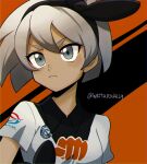  1girl artist_name bangs bea_(pokemon) black_hairband bow_hairband closed_mouth collared_shirt commentary_request eyebrows_visible_through_hair eyelashes grey_eyes grey_hair gym_leader hair_between_eyes hairband highres looking_to_the_side pokemon pokemon_(game) pokemon_swsh print_shirt shirt short_hair short_sleeves solo upper_body watermark watta02614129 