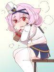  1girl aylwin_(azur_lane) azur_lane bangs blue_skirt blush cup disposable_cup drink drinking_straw eyebrows_visible_through_hair feet_out_of_frame furniture furrowed_eyebrows hair_between_eyes hair_tousle hairband hat highres horoyuki_(gumizoku) long_sleeves looking_at_viewer medium_hair mouth_drool muffin_top open_mouth pink_hair pleated_skirt plump red_eyes sailor_hat see-through_skirt shirt sitting skindentation skirt solo striped_wrist_cuffs suspenders suspenders_slip sweat thigh-highs white_legwear 