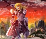  1girl armor armored_dress blonde_hair blood breastplate clarent clouds cloudy_sky dragon fate/apocrypha fate_(series) floating_hair flying gauntlets green_eyes holding holding_sword holding_weapon mordred_(fate) mordred_(fate)_(all) open_mouth outdoors pauldrons ponytail ruins shoulder_armor sky smoke standing sunset sword weapon yado 