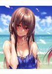  1girl absurdres bangs bare_shoulders blue_sky blush breasts clouds cloudy_sky day hanikami_kanojo highres ocean outdoors piromizu scan shiny shiny_hair simple_background sky solo upper_body water 