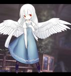  1girl akira_(meltyhip) albino bird_wings blue_dress blush boots braid closed_mouth colored_skin dress hand_on_own_chest highres letterboxed long_hair looking_at_viewer original pigeon-toed purple_footwear red_eyes short_sleeves smile solo spread_wings standing twin_braids very_long_hair white_hair white_skin white_wings wings 