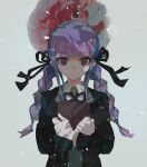  1girl bangs black_jacket blunt_bangs book braid closed_mouth dangan_ronpa_(series) dangan_ronpa_kirigiri expressionless eyebrows_visible_through_hair flower gloves grey_background hair_ornament hair_ribbon holding holding_book jacket kirigiri_kyouko long_sleeves looking_at_viewer official_alternate_costume open_clothes open_jacket purple_hair qosic ribbon shirt simple_background solo twintails upper_body violet_eyes white_shirt 